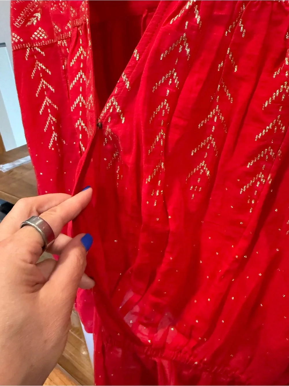 Free People Red Embellished V-Neck Peasant Blouse